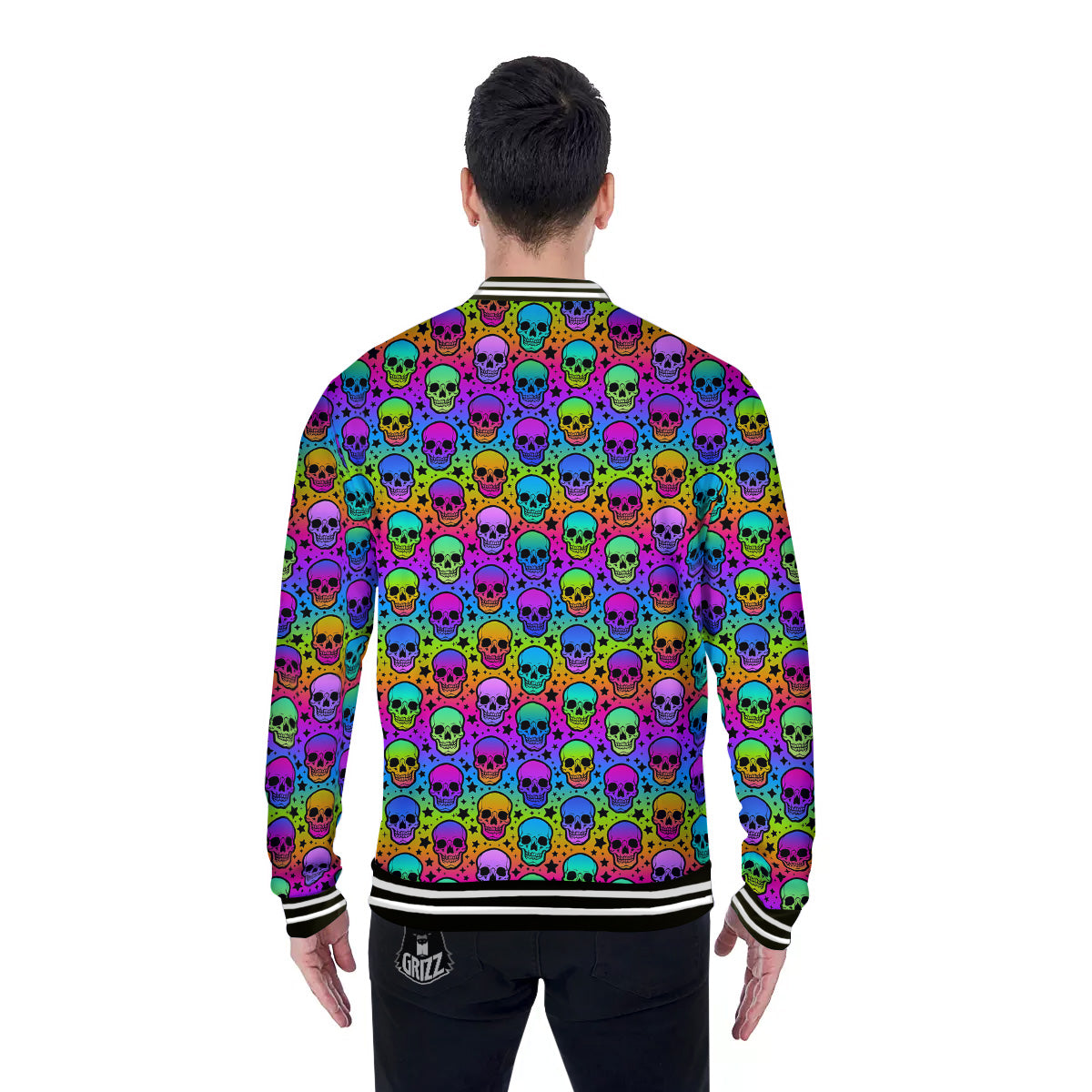 Neon Bright Human Skulls Print Pattern Baseball Jacket-grizzshop