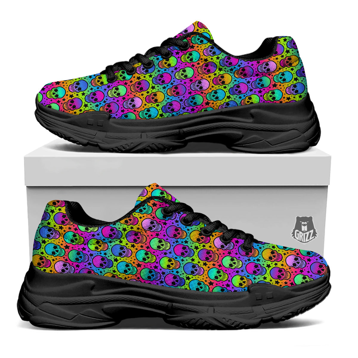 Neon Bright Human Skulls Print Pattern Black Chunky Shoes-grizzshop