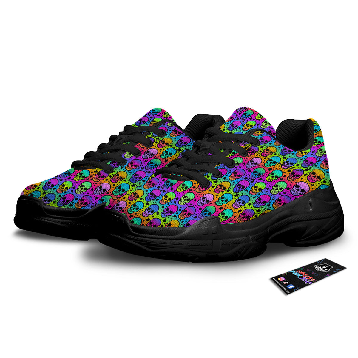 Neon Bright Human Skulls Print Pattern Black Chunky Shoes-grizzshop