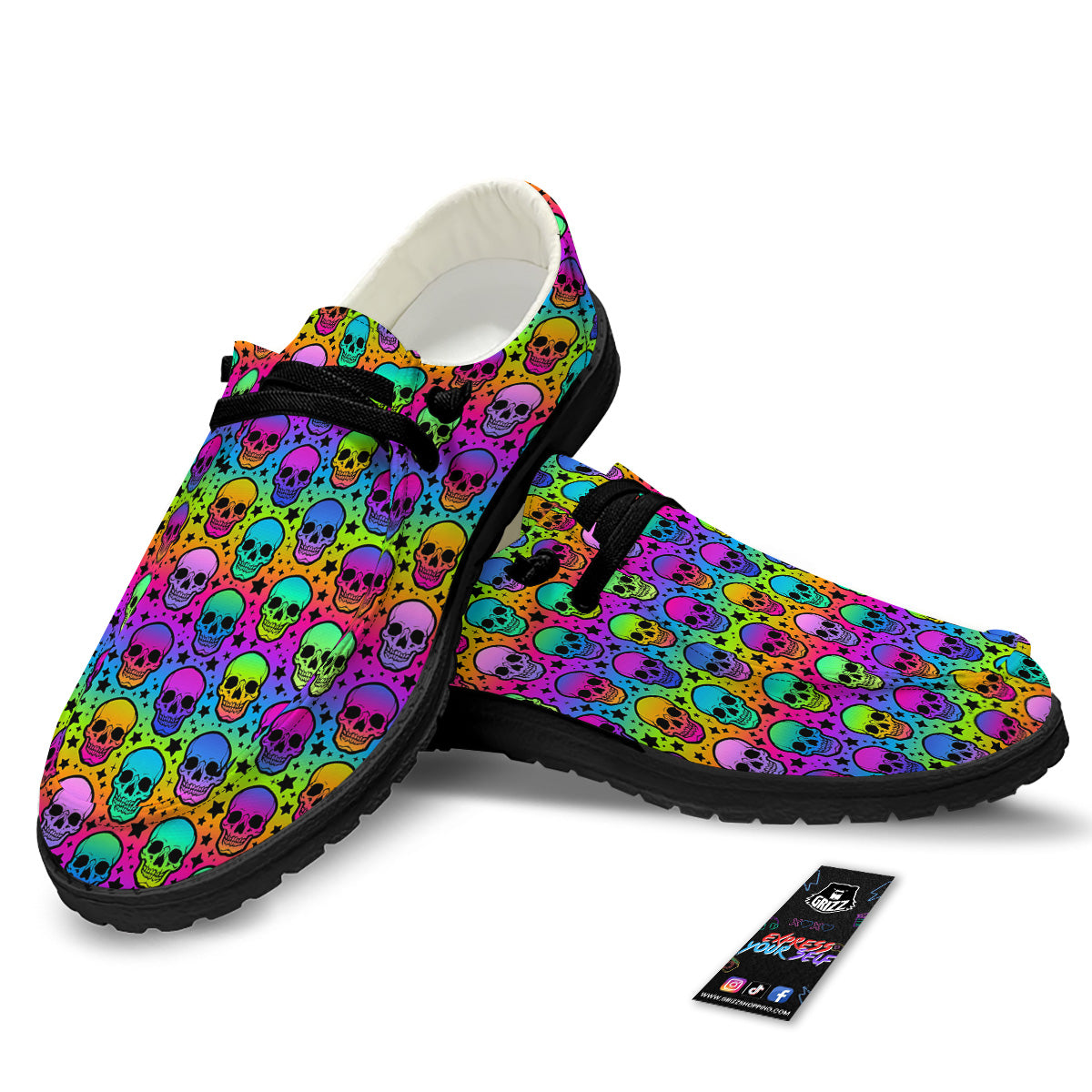 Neon Bright Human Skulls Print Pattern Black Loafers-grizzshop