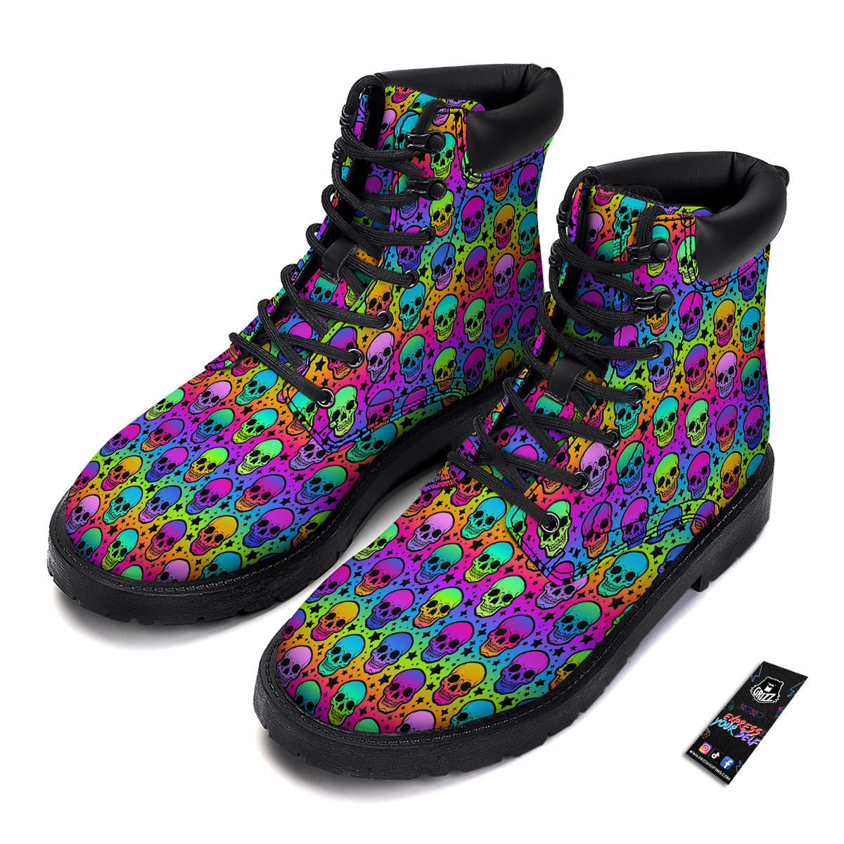 Neon Bright Human Skulls Print Pattern Boots-grizzshop