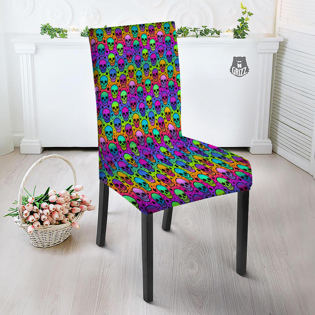Neon Bright Human Skulls Print Pattern Dining Chair Slipcover-grizzshop