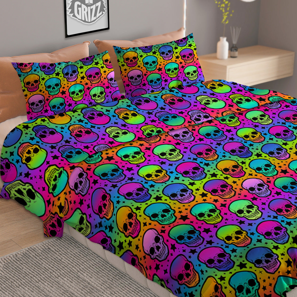 Neon Bright Human Skulls Print Pattern Duvet Cover Bedding Set