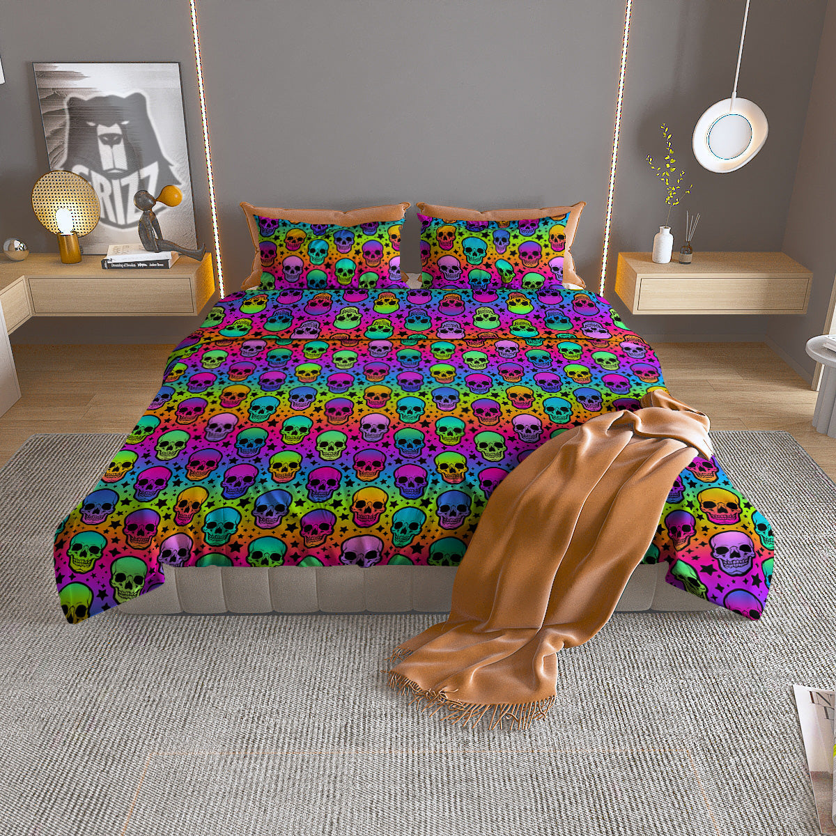 Neon Bright Human Skulls Print Pattern Duvet Cover Bedding Set