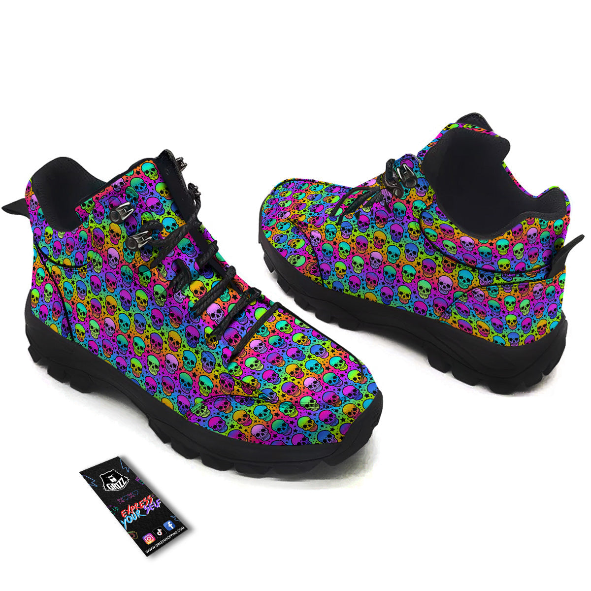 Neon Bright Human Skulls Print Pattern Hiking Shoes-grizzshop