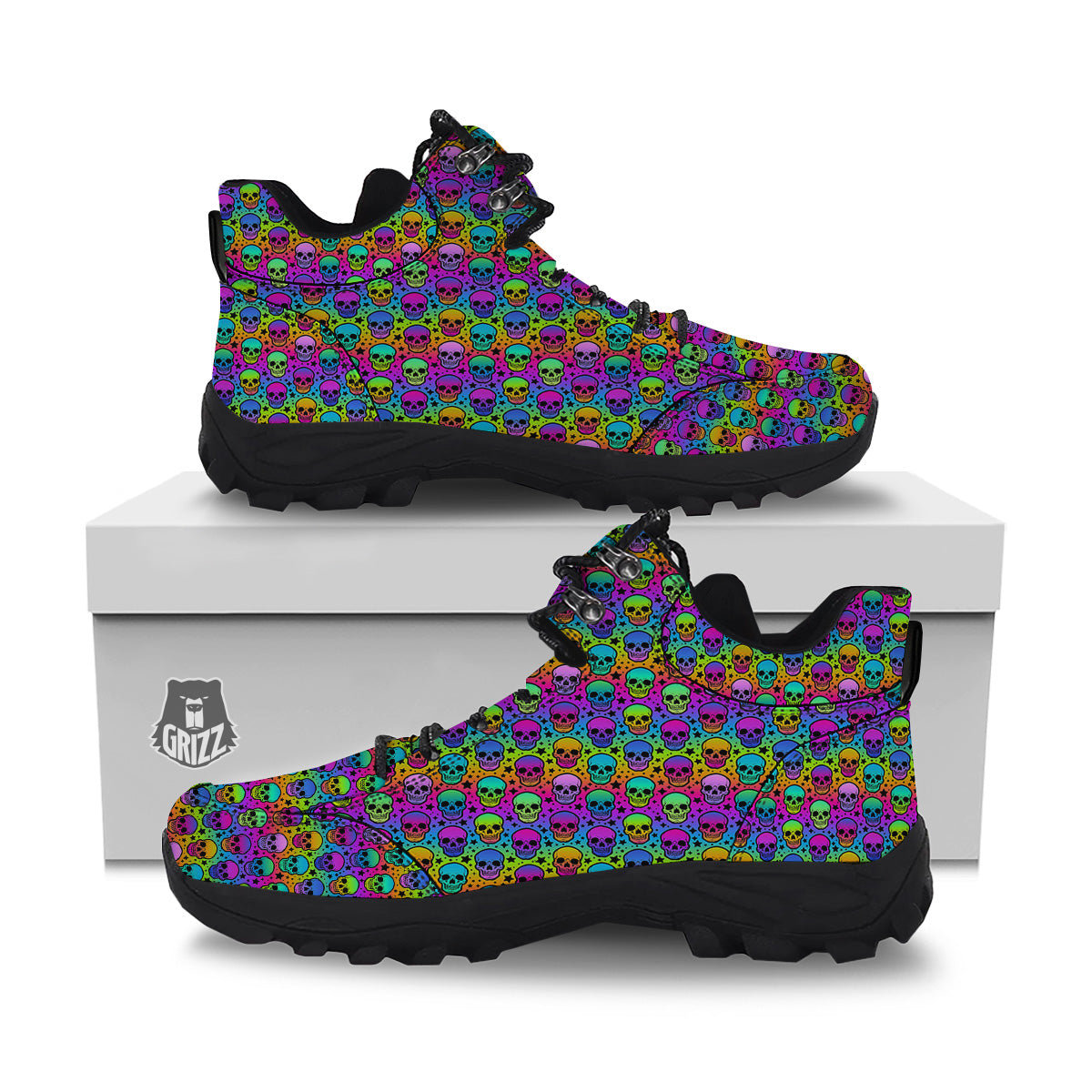 Neon Bright Human Skulls Print Pattern Hiking Shoes-grizzshop
