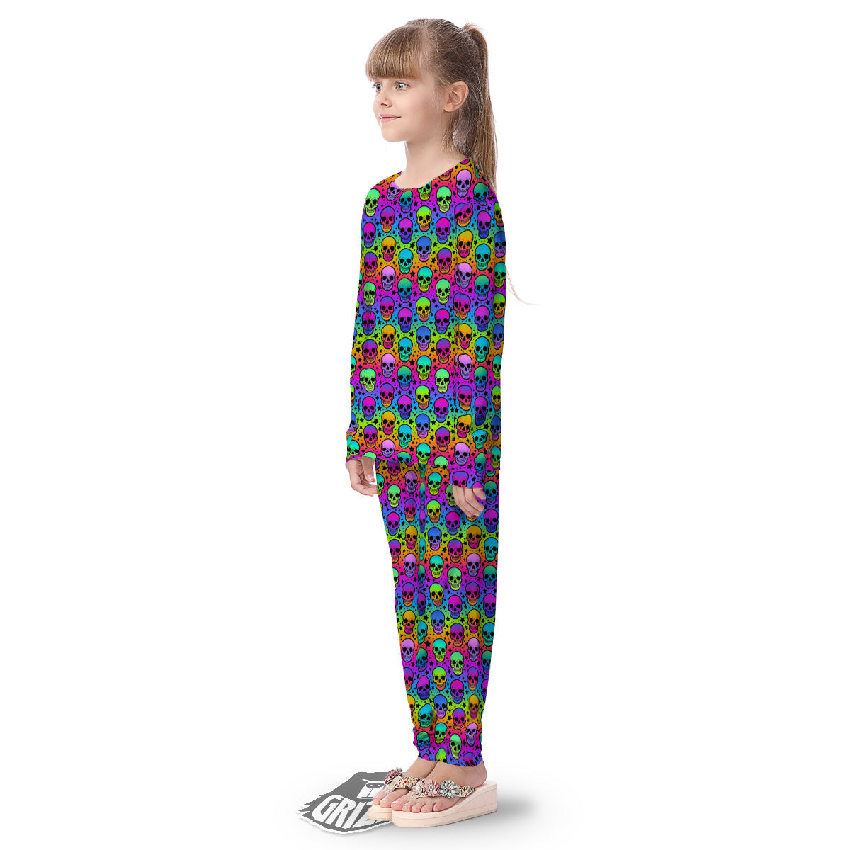 Neon Bright Human Skulls Print Pattern Kid's Pajamas-grizzshop