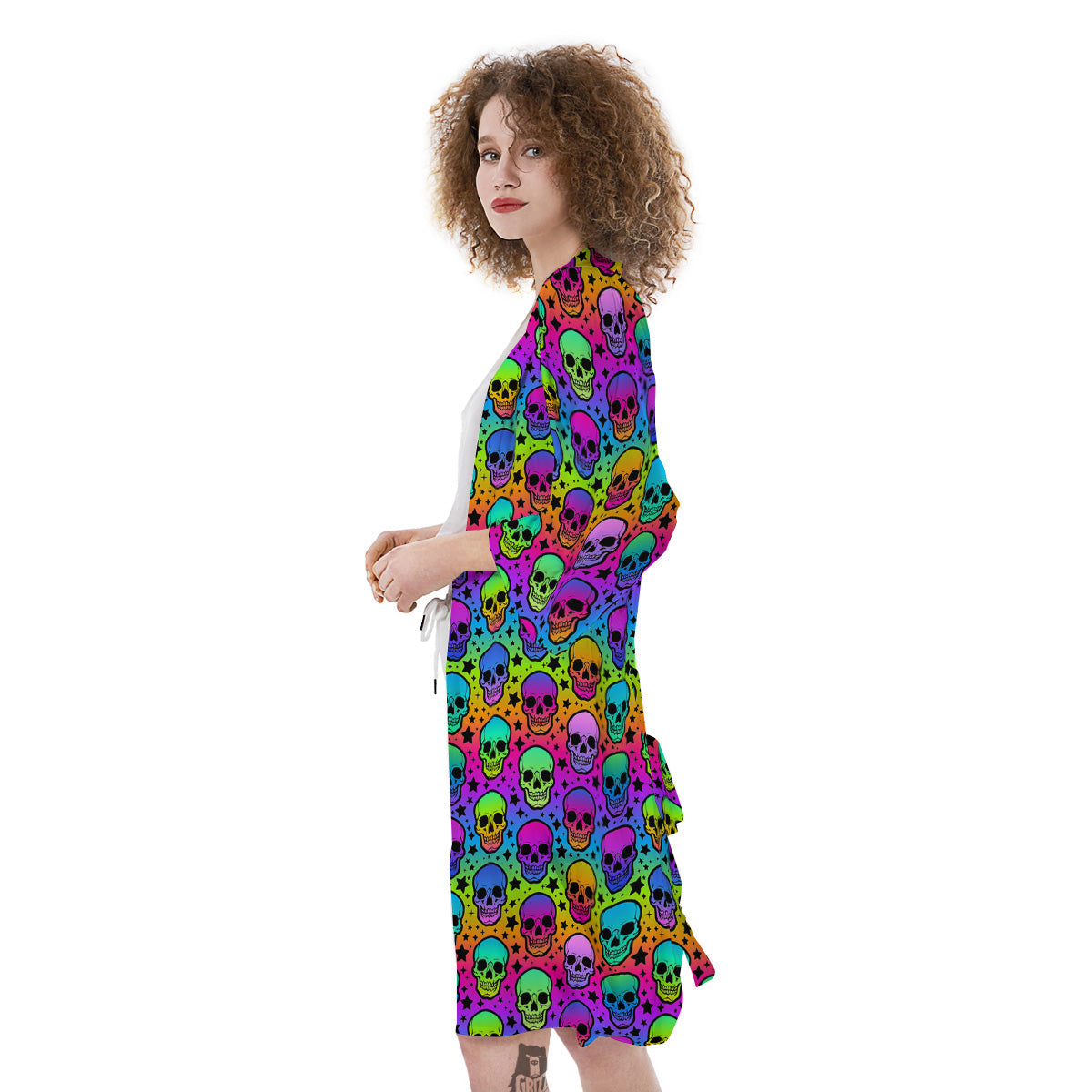 Neon Bright Human Skulls Print Pattern Kimono-grizzshop