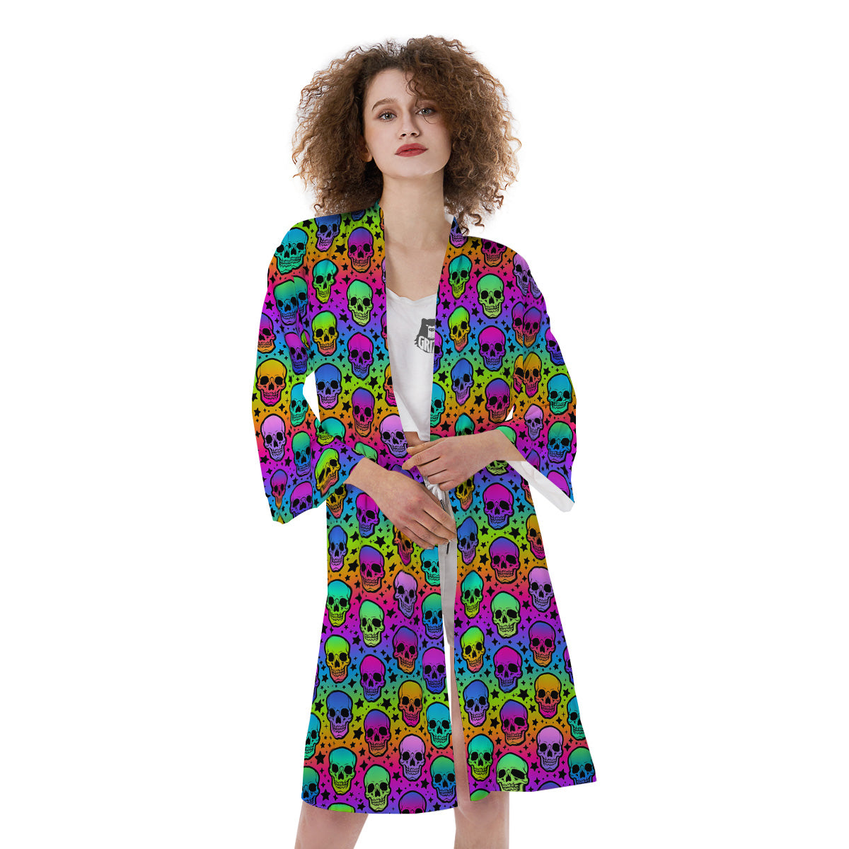 Neon Bright Human Skulls Print Pattern Kimono-grizzshop
