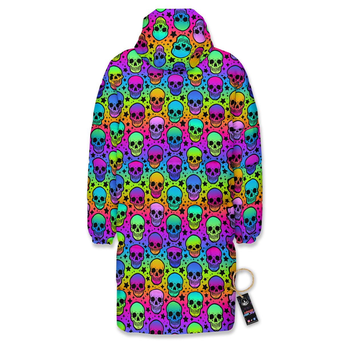 Neon Bright Human Skulls Print Pattern Long Down Jacket-grizzshop