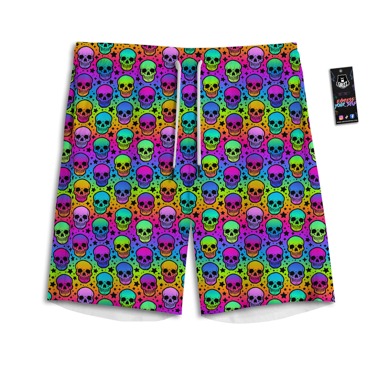 Neon Bright Human Skulls Print Pattern Men's Athletic Shorts