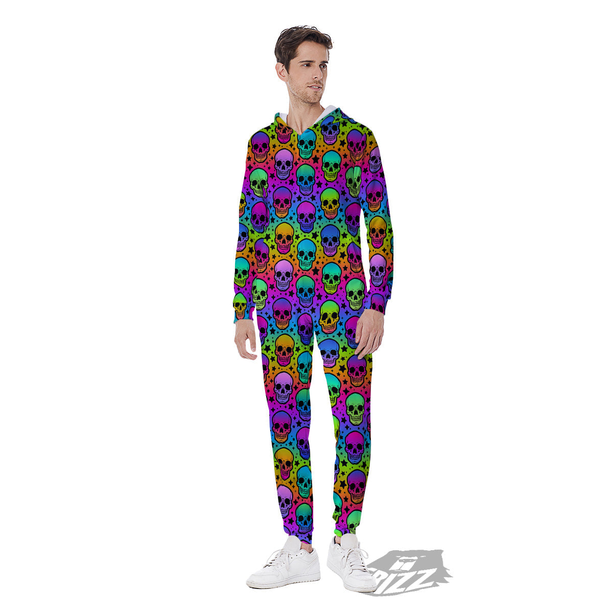 Neon Bright Human Skulls Print Pattern Men's Jumpsuit-grizzshop
