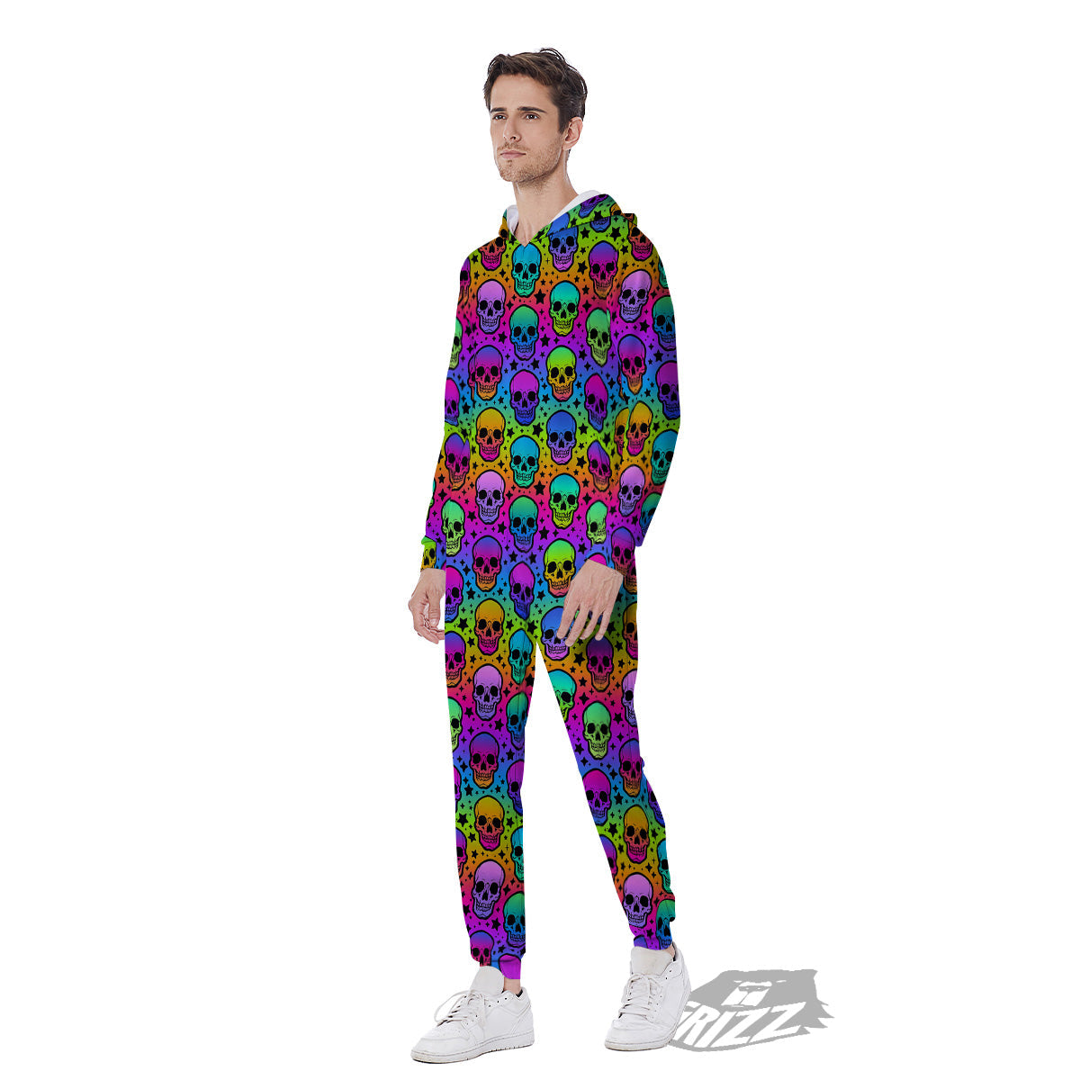 Neon Bright Human Skulls Print Pattern Men's Jumpsuit-grizzshop