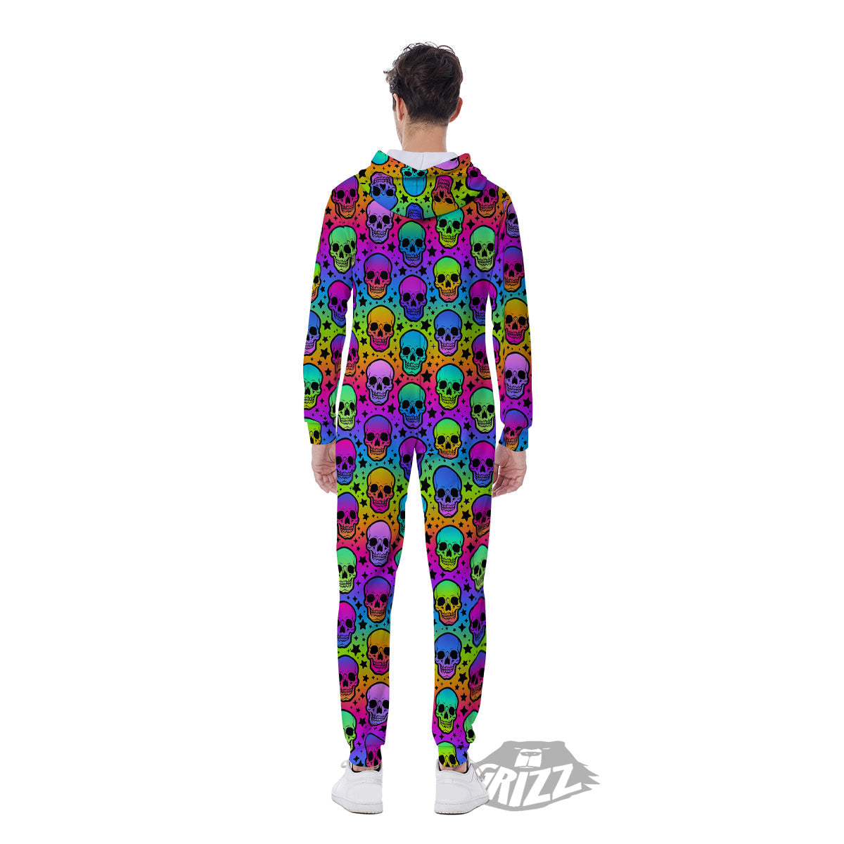 Neon Bright Human Skulls Print Pattern Men's Jumpsuit-grizzshop