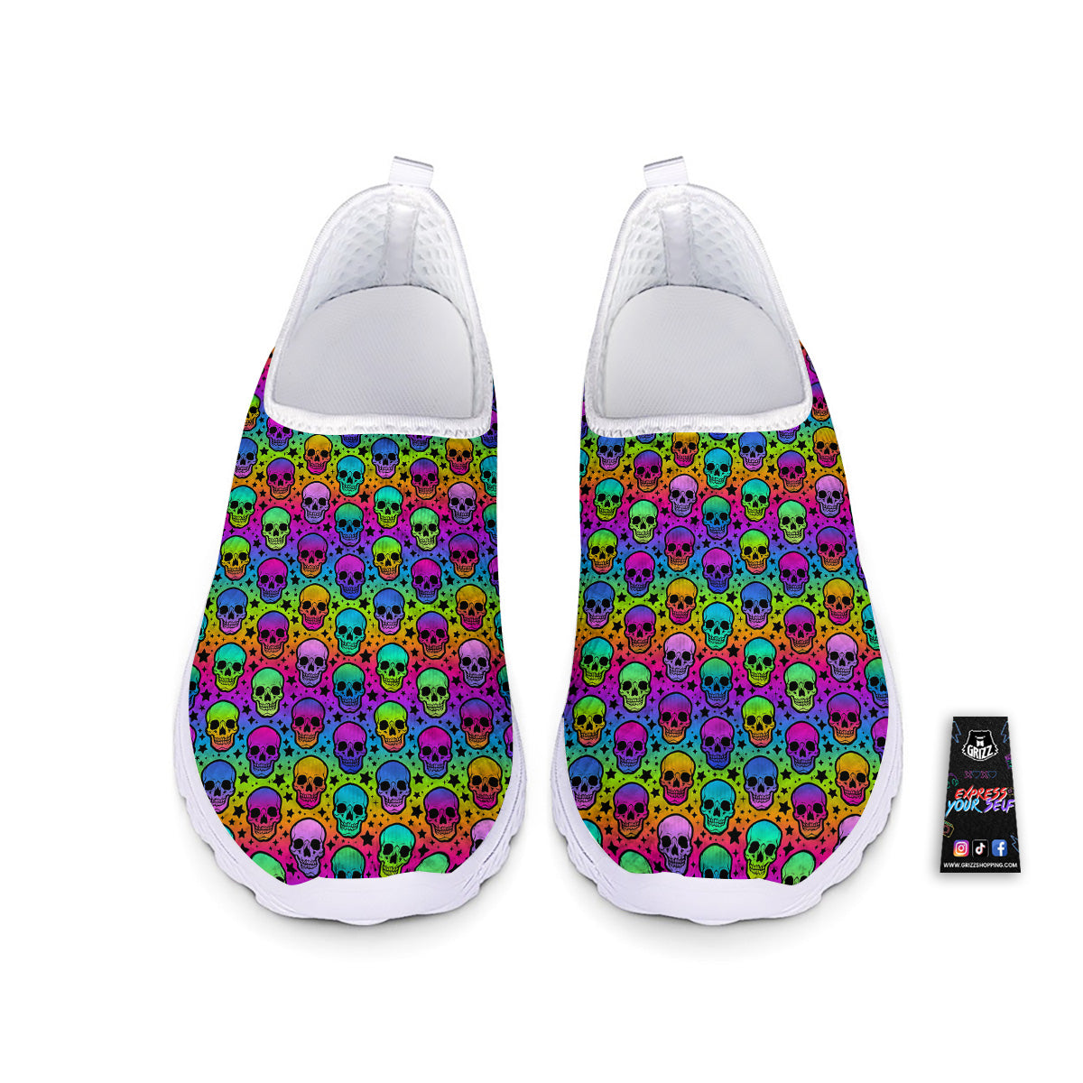 Neon Bright Human Skulls Print Pattern Nurse Shoes-grizzshop