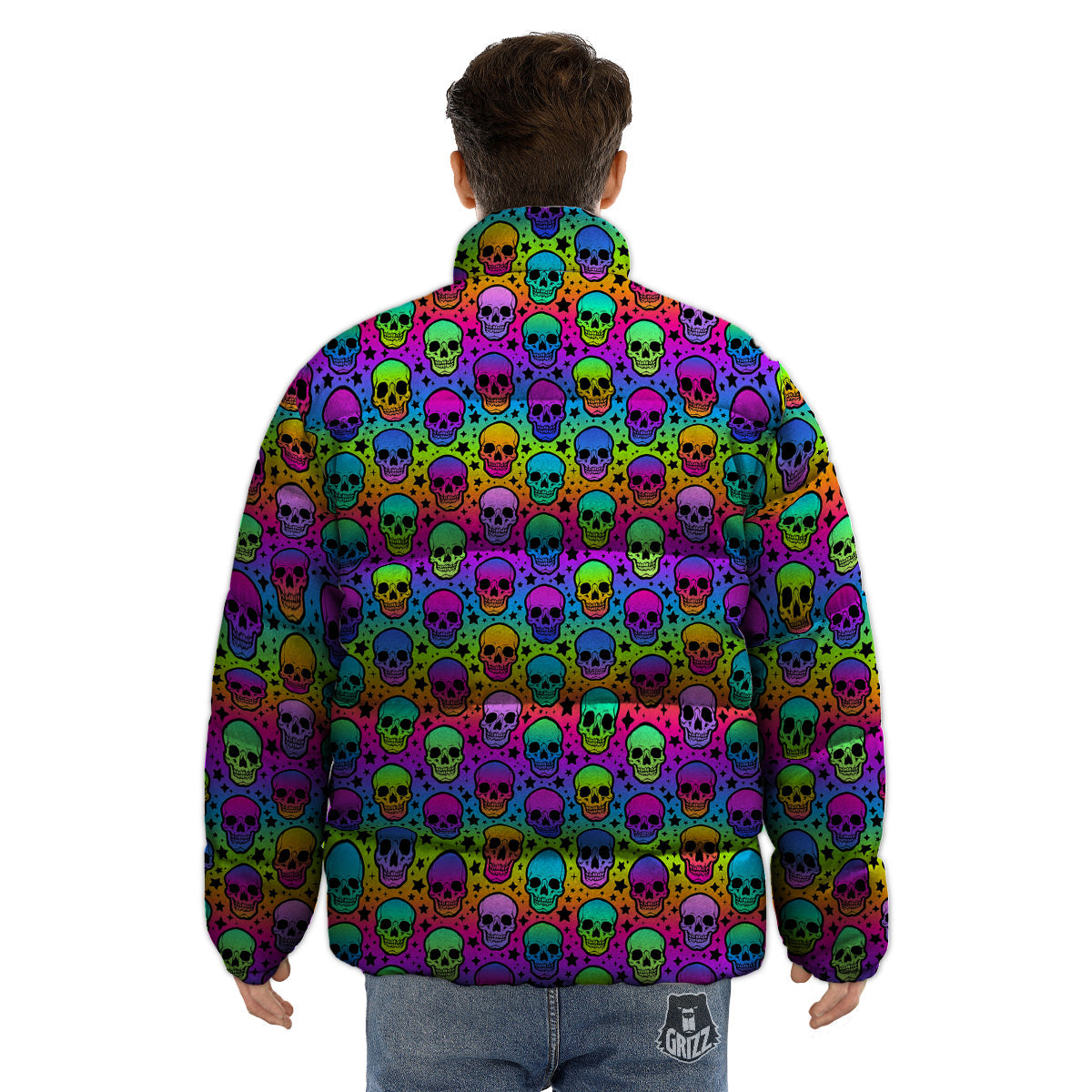 Neon Bright Human Skulls Print Pattern Puffer Jacket-grizzshop
