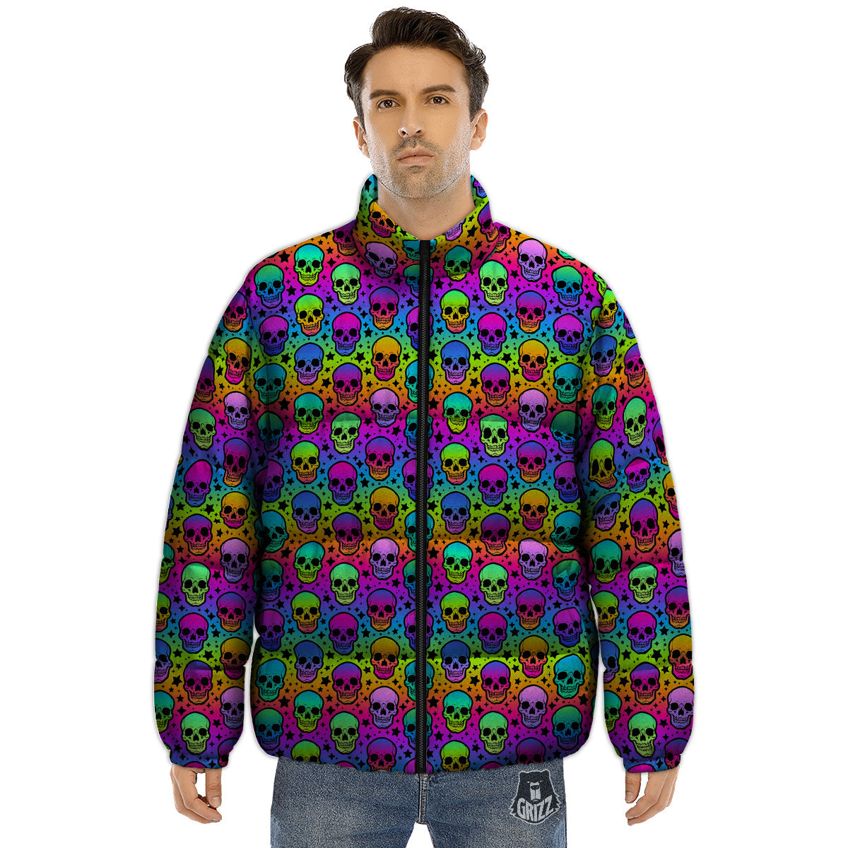 Neon Bright Human Skulls Print Pattern Puffer Jacket-grizzshop