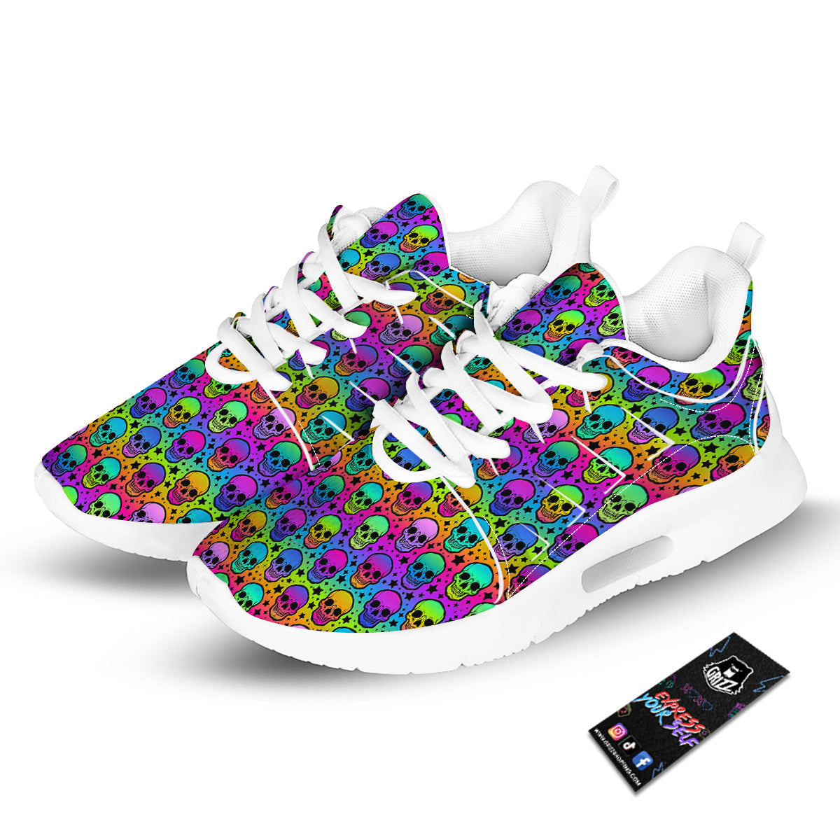Neon Bright Human Skulls Print Pattern Tennis Shoes-grizzshop