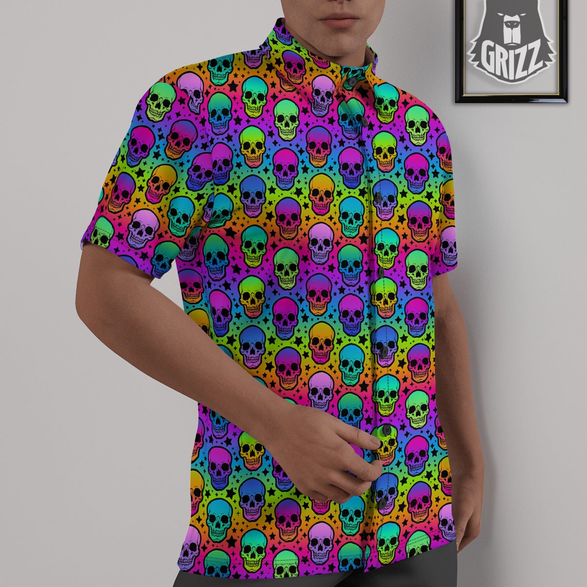 Neon Bright Human Skulls Print Pattern Untucked Shirts-grizzshop