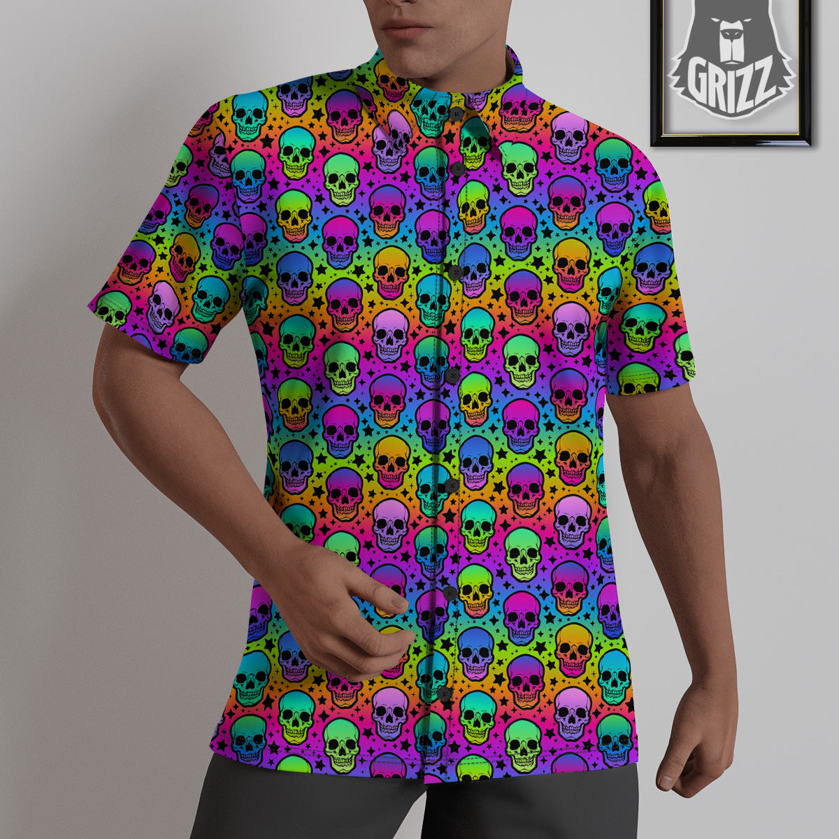 Neon Bright Human Skulls Print Pattern Untucked Shirts-grizzshop