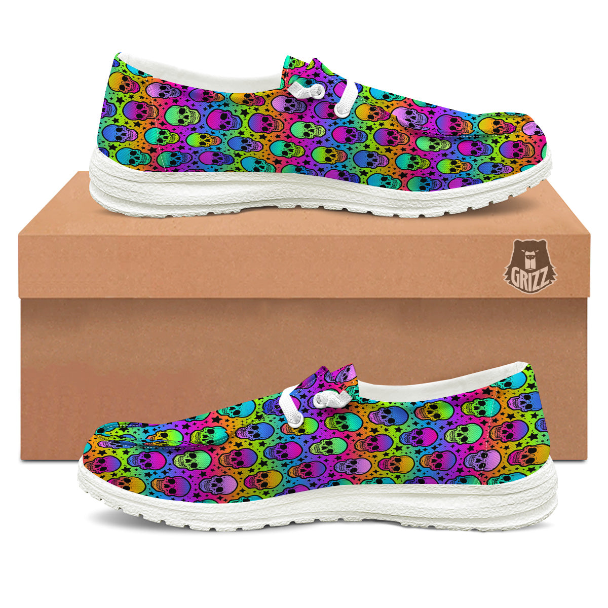 Neon Bright Human Skulls Print Pattern White Loafers-grizzshop