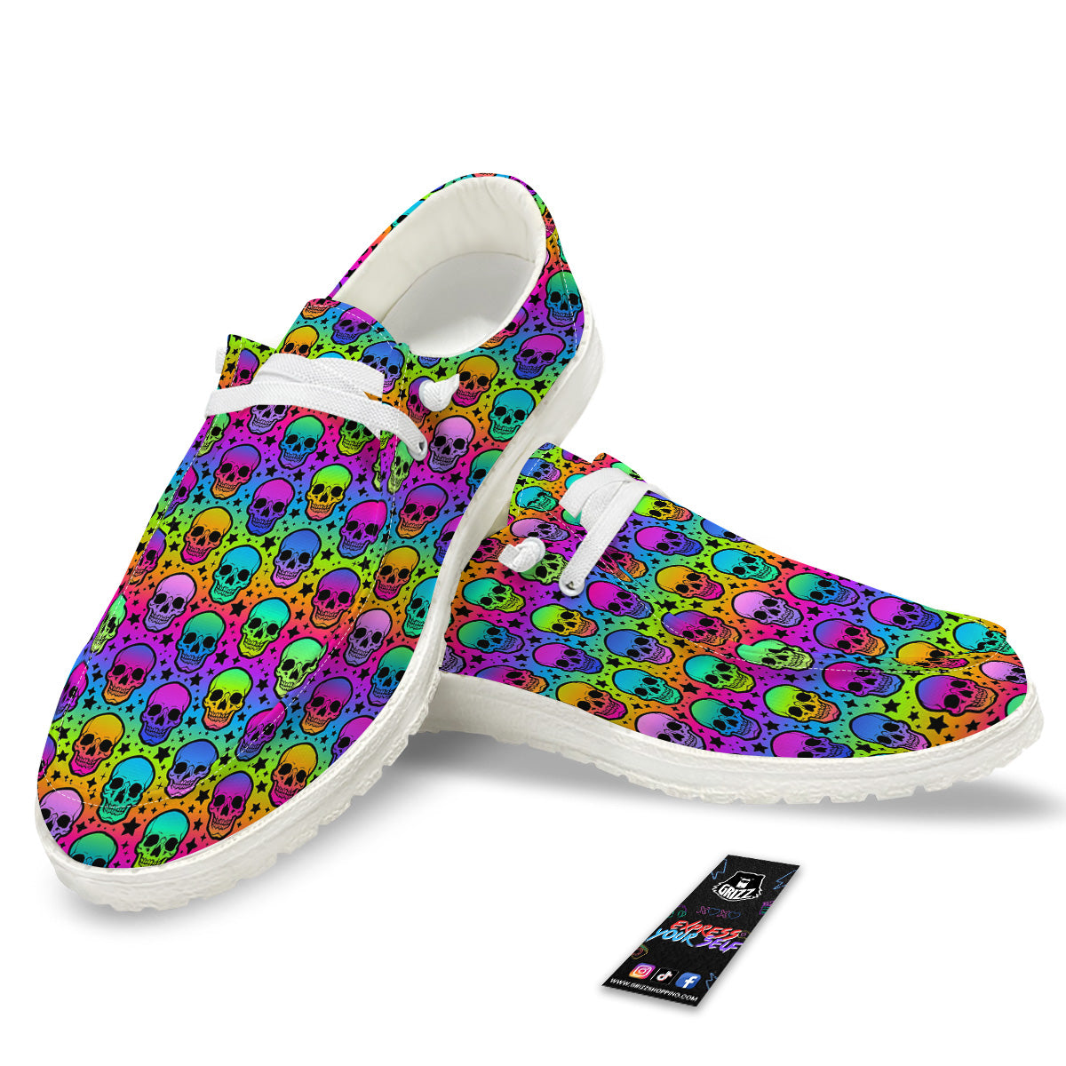 Neon Bright Human Skulls Print Pattern White Loafers-grizzshop