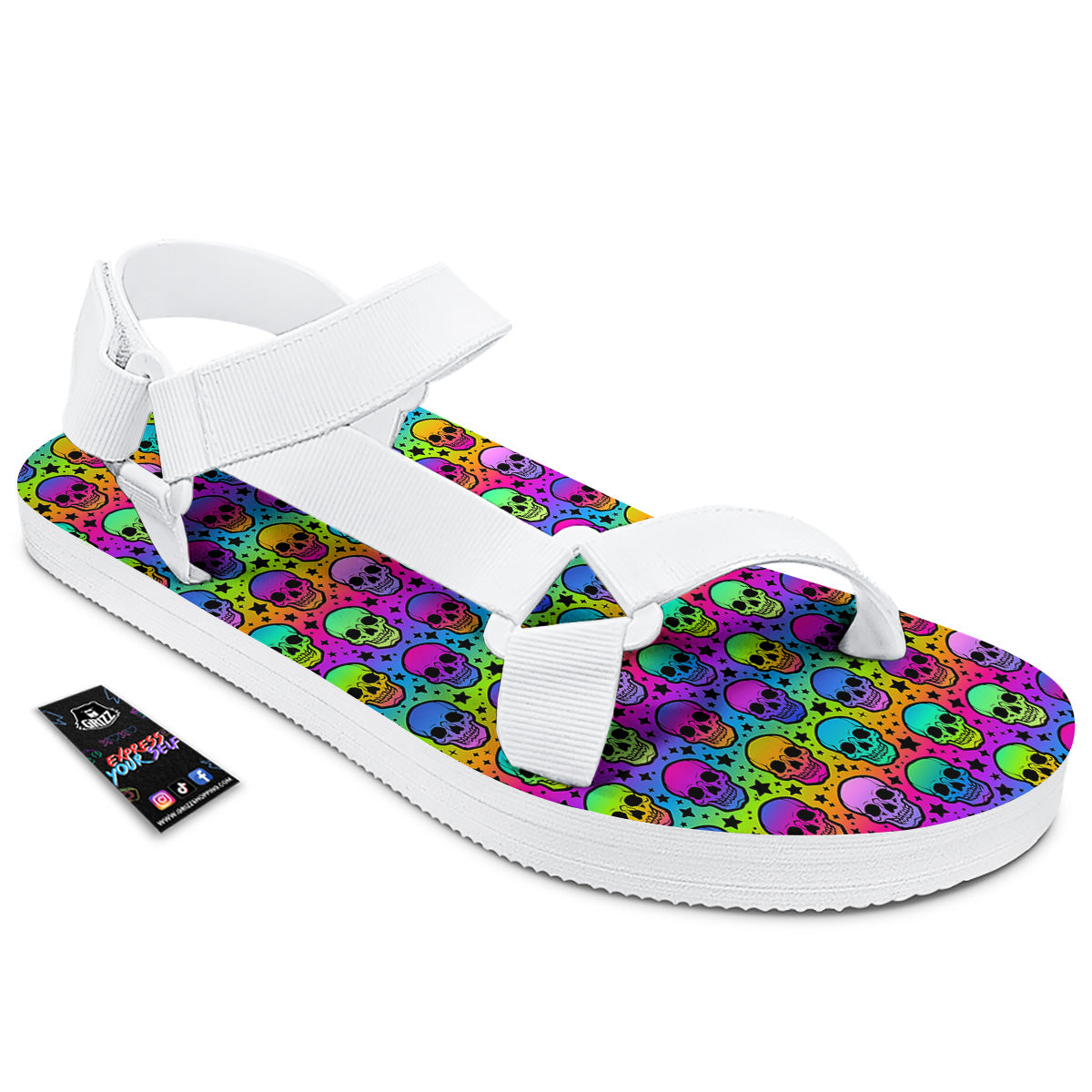 Neon Bright Human Skulls Print Pattern White Open Toe Sandals-grizzshop