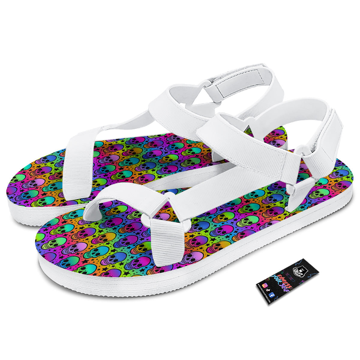 Neon Bright Human Skulls Print Pattern White Open Toe Sandals-grizzshop