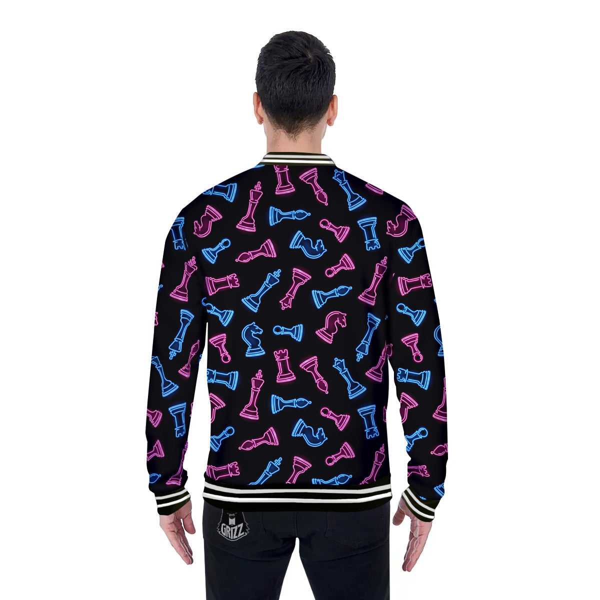 Neon Chess Pieces Print Pattern Baseball Jacket-grizzshop