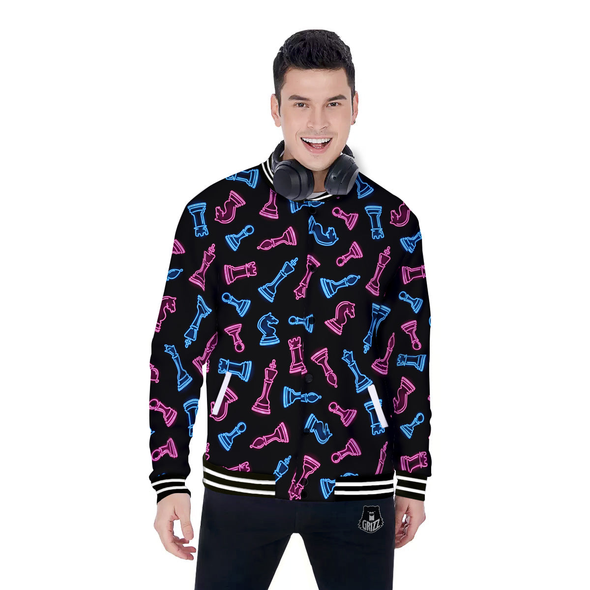 Neon Chess Pieces Print Pattern Baseball Jacket-grizzshop
