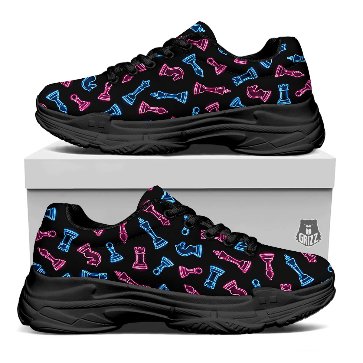 Neon Chess Pieces Print Pattern Black Chunky Shoes-grizzshop