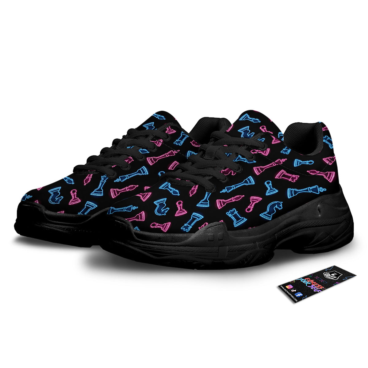 Neon Chess Pieces Print Pattern Black Chunky Shoes-grizzshop