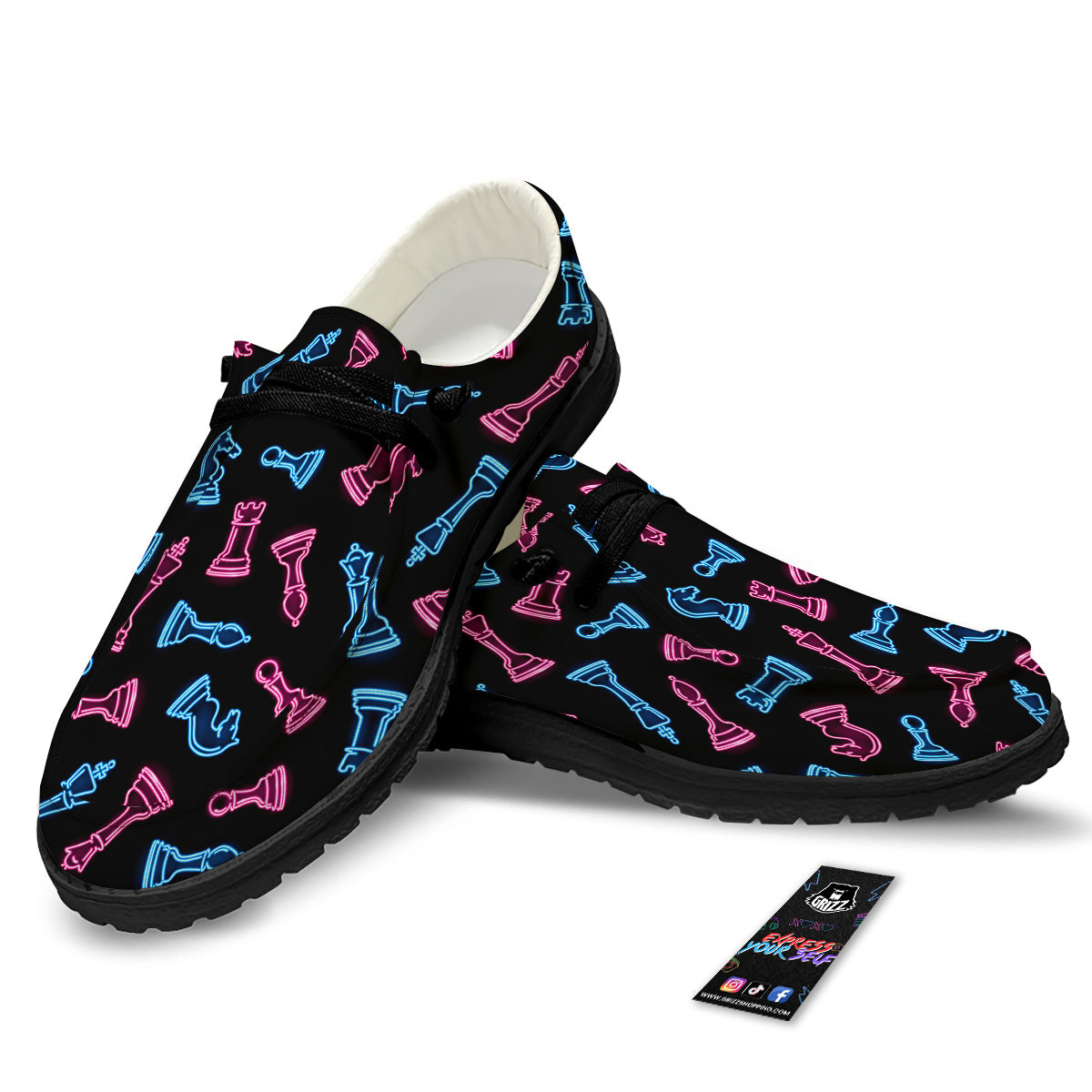 Neon Chess Pieces Print Pattern Black Loafers-grizzshop