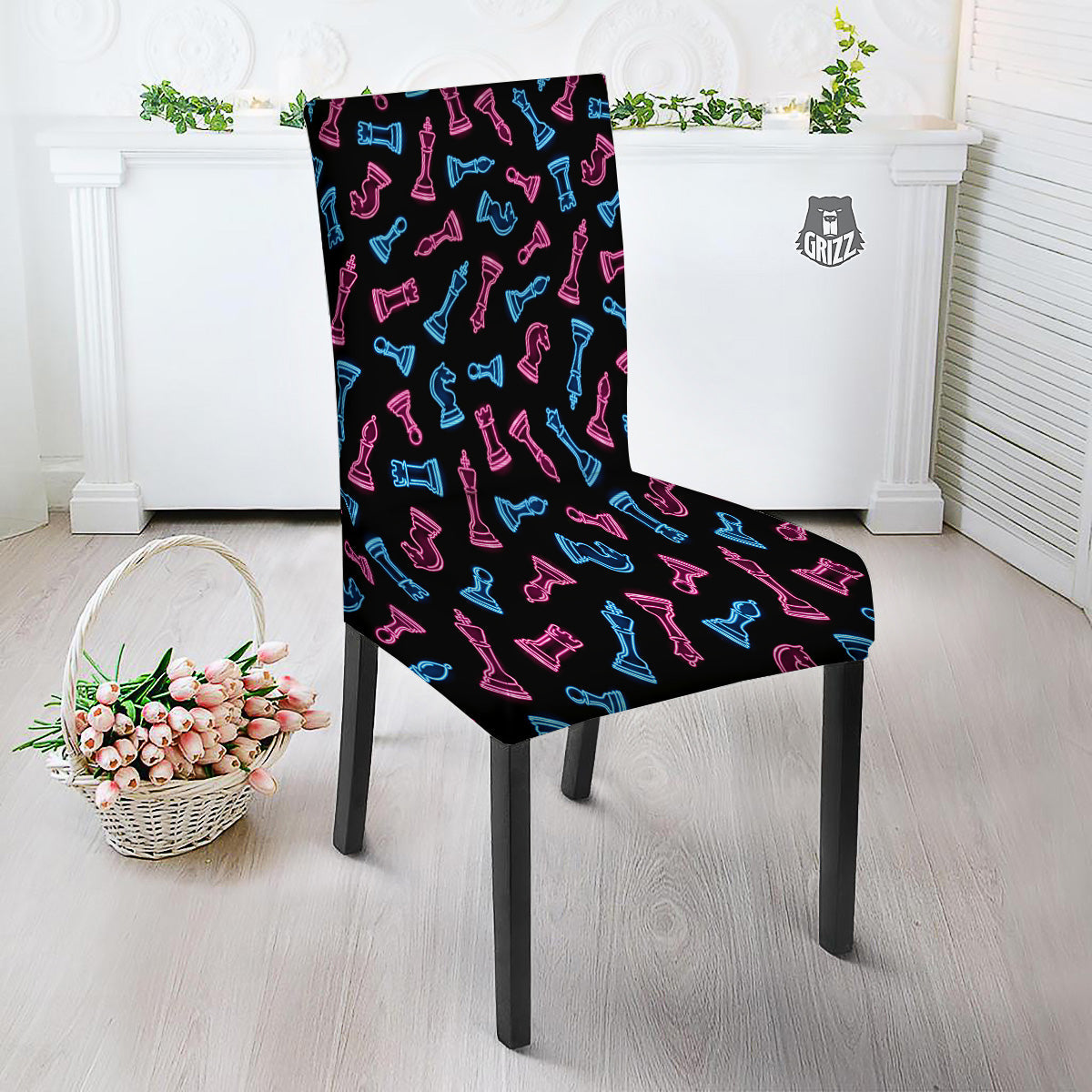 Neon Chess Pieces Print Pattern Dining Chair Slipcover-grizzshop