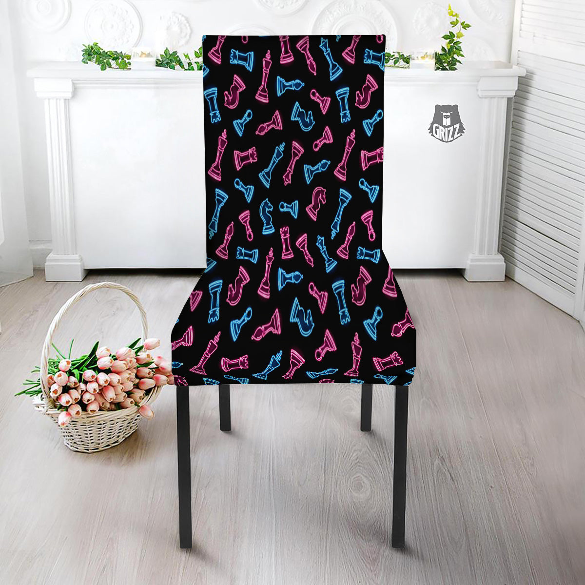 Neon Chess Pieces Print Pattern Dining Chair Slipcover-grizzshop