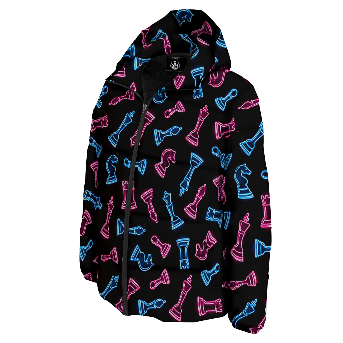Neon Chess Pieces Print Pattern Down Jacket-grizzshop