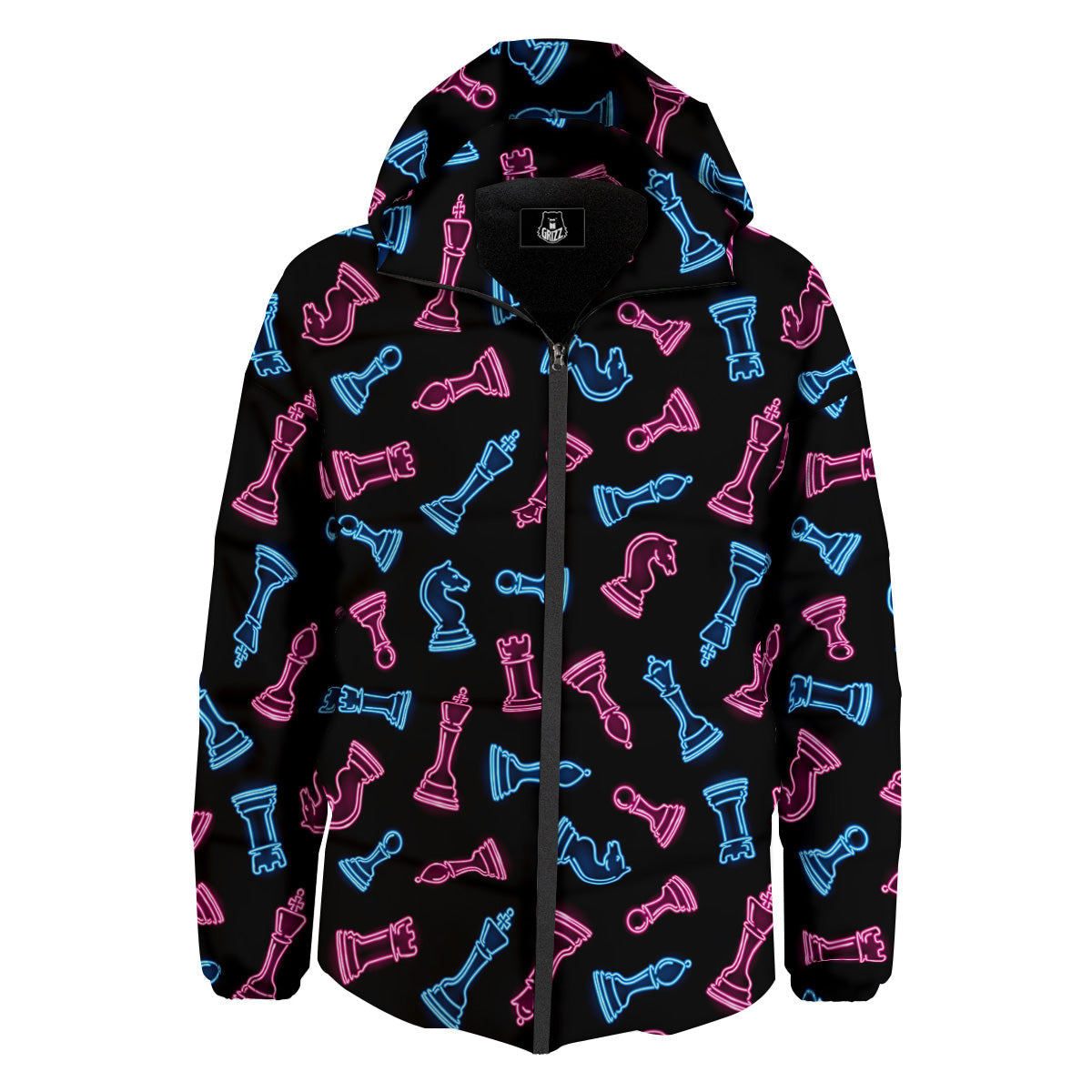 Neon Chess Pieces Print Pattern Down Jacket-grizzshop