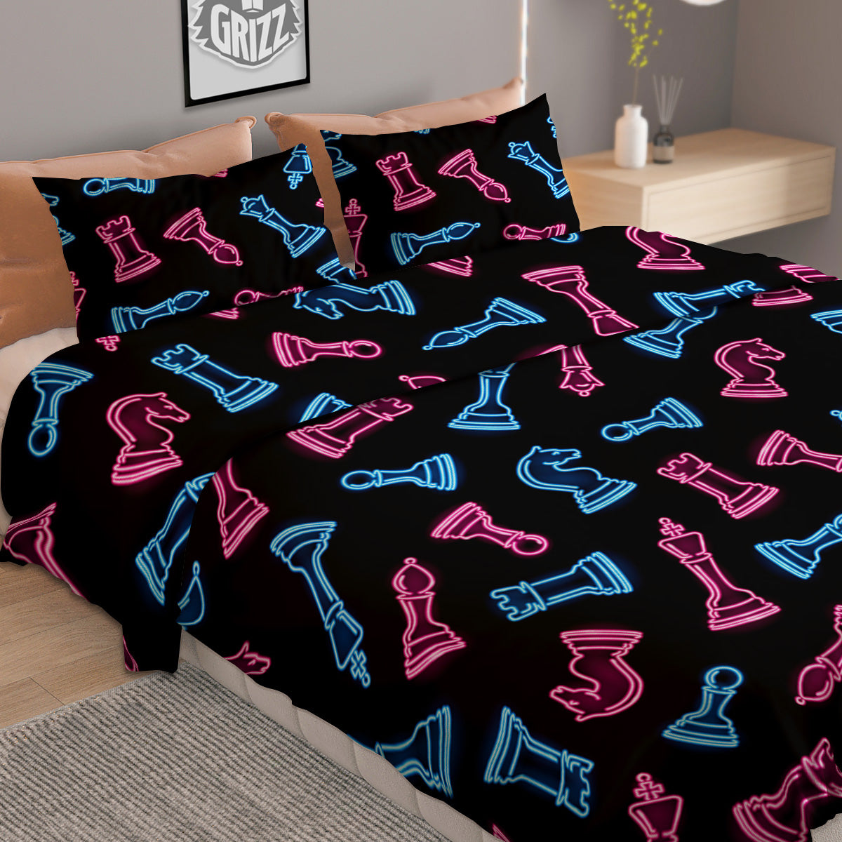 Neon Chess Pieces Print Pattern Duvet Cover Bedding Set