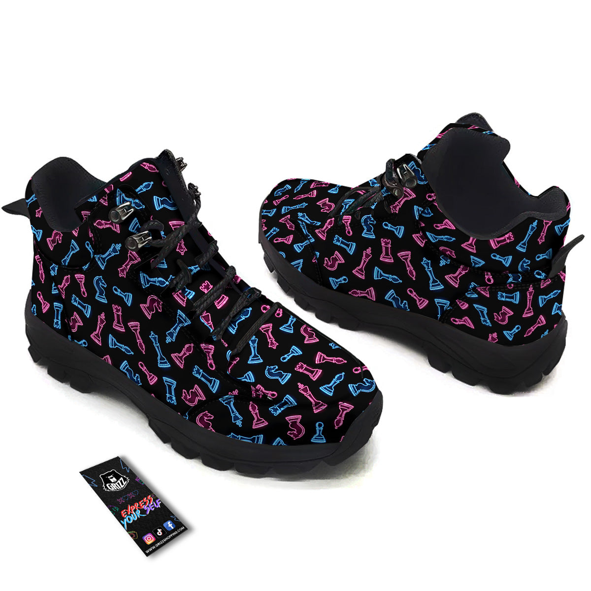 Neon Chess Pieces Print Pattern Hiking Shoes-grizzshop