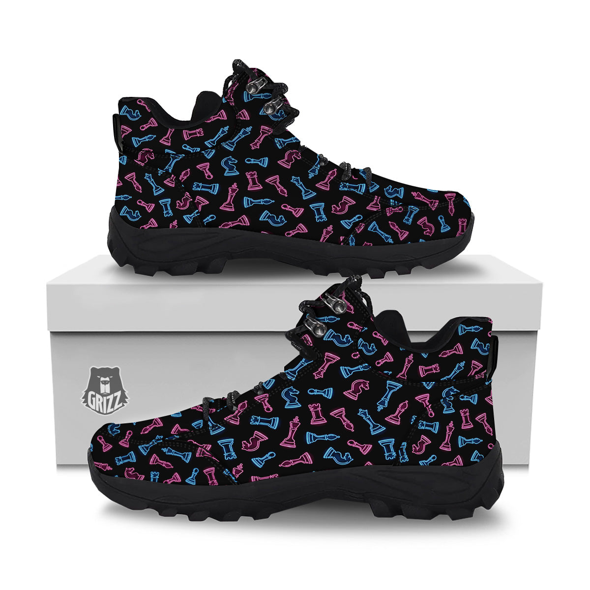 Neon Chess Pieces Print Pattern Hiking Shoes-grizzshop