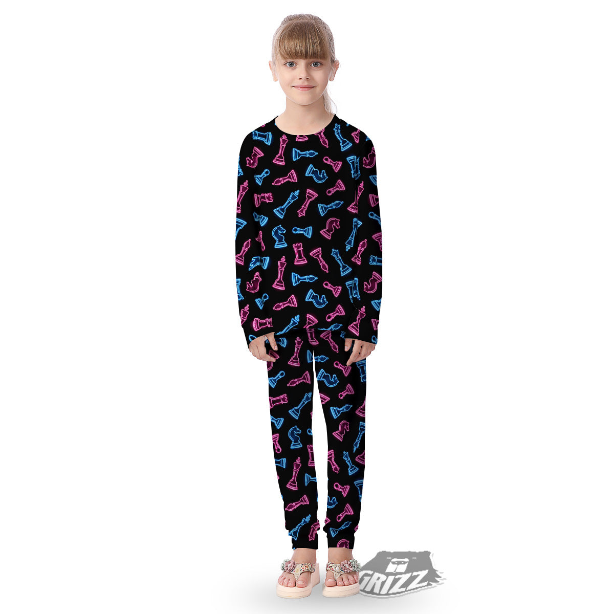 Neon Chess Pieces Print Pattern Kid's Pajamas-grizzshop