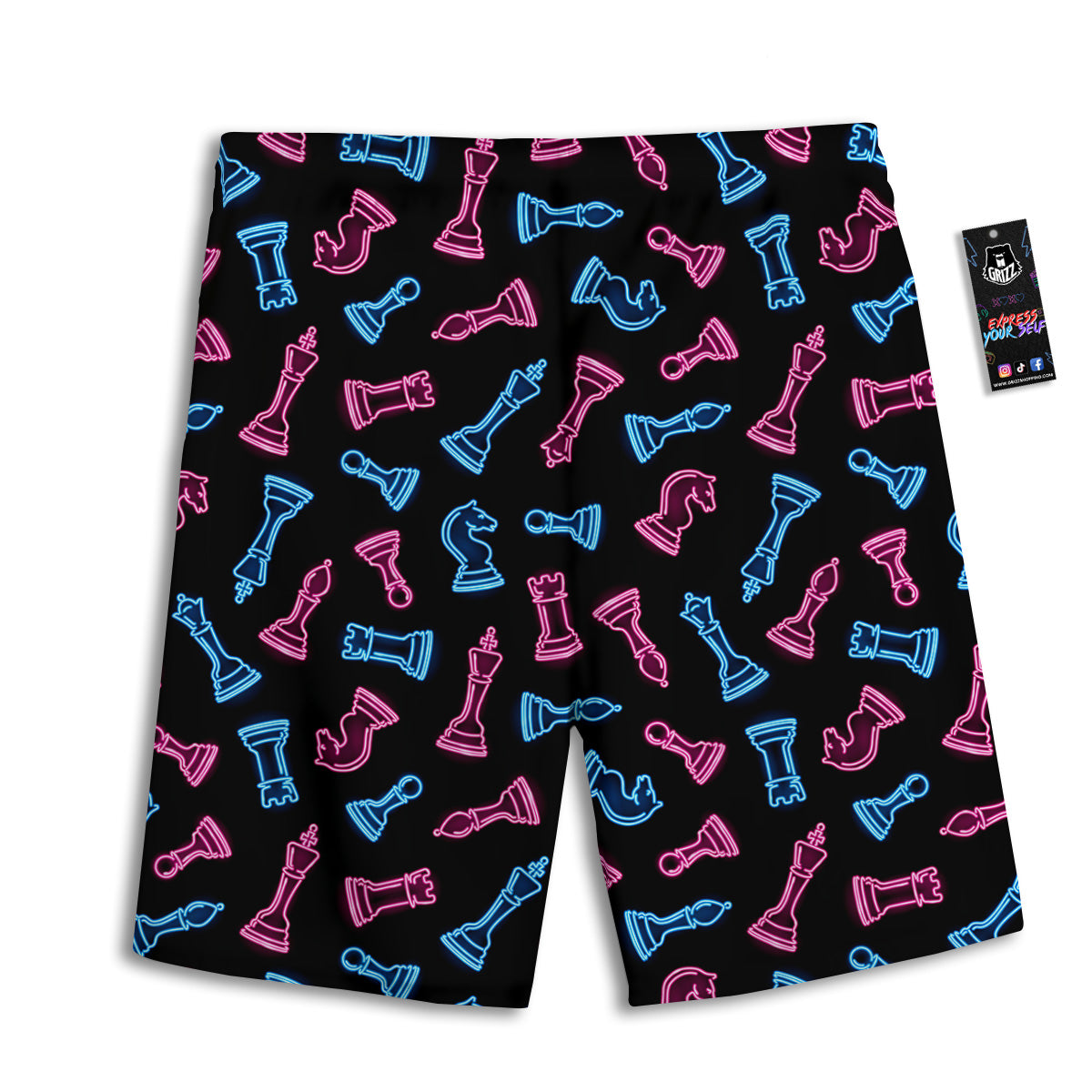 Neon Chess Pieces Print Pattern Men's Athletic Shorts