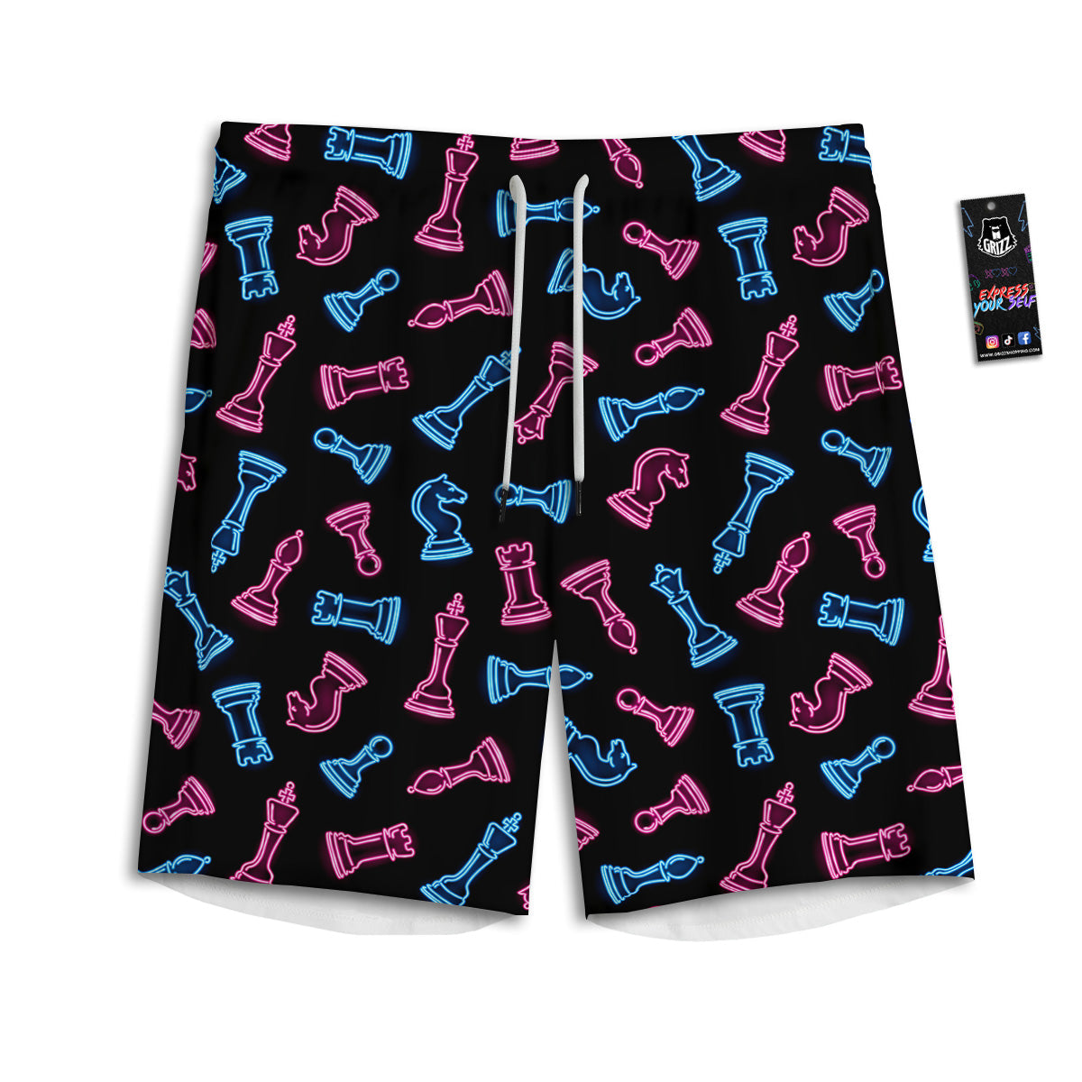 Neon Chess Pieces Print Pattern Men's Athletic Shorts