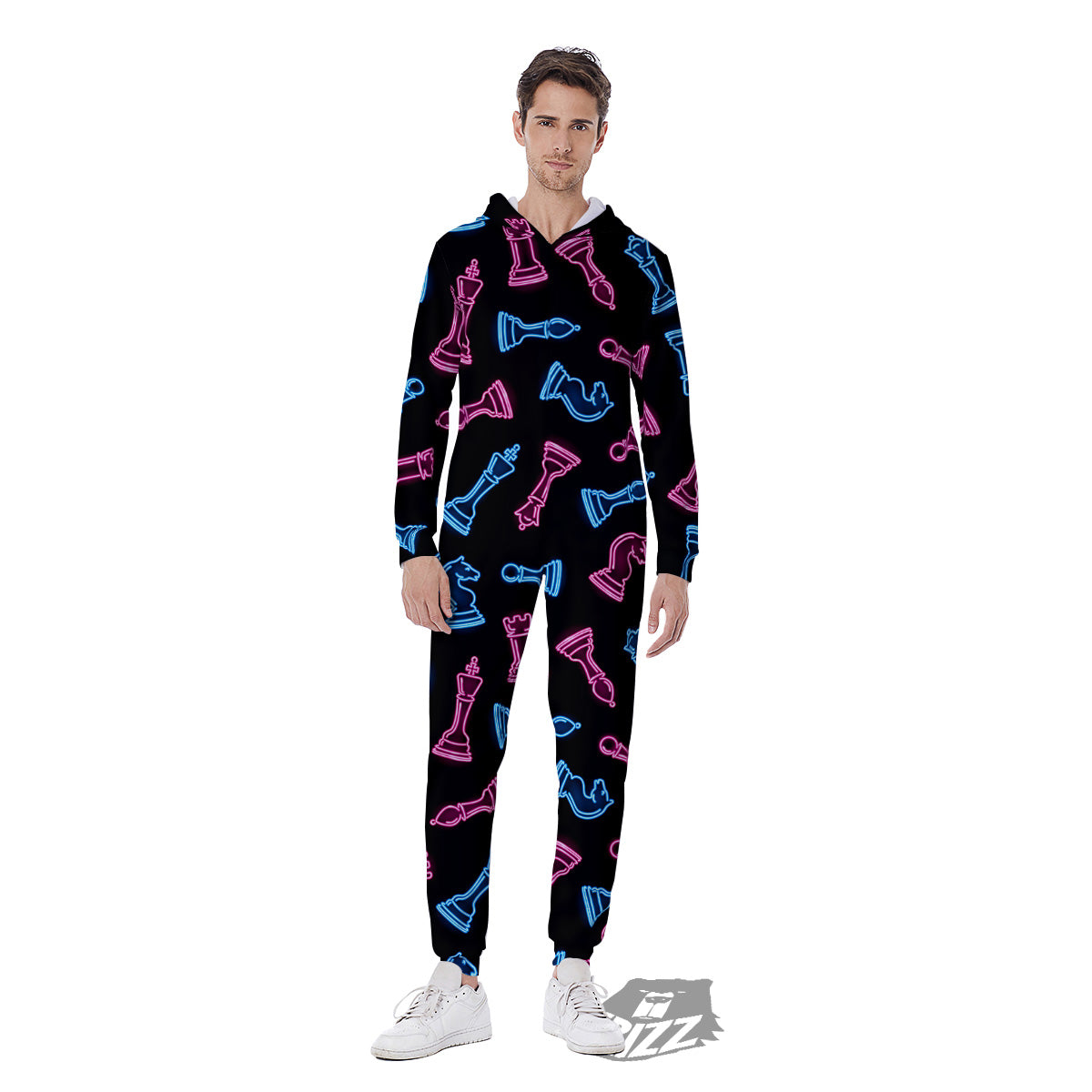 Neon Chess Pieces Print Pattern Men's Jumpsuit-grizzshop