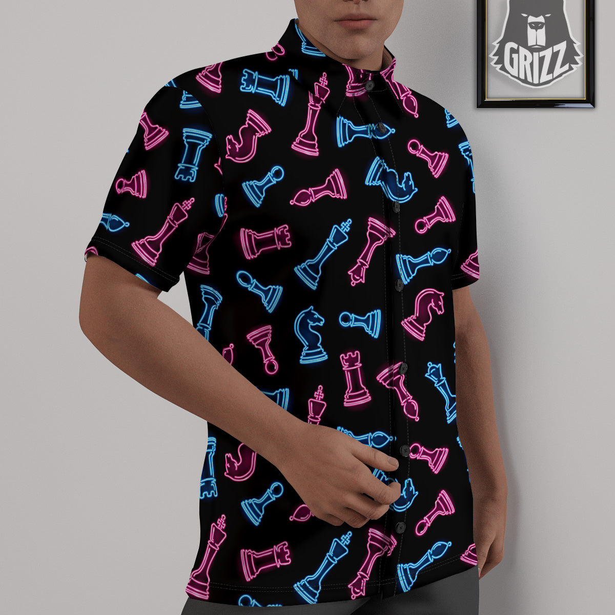 Neon Chess Pieces Print Pattern Untucked Shirts-grizzshop
