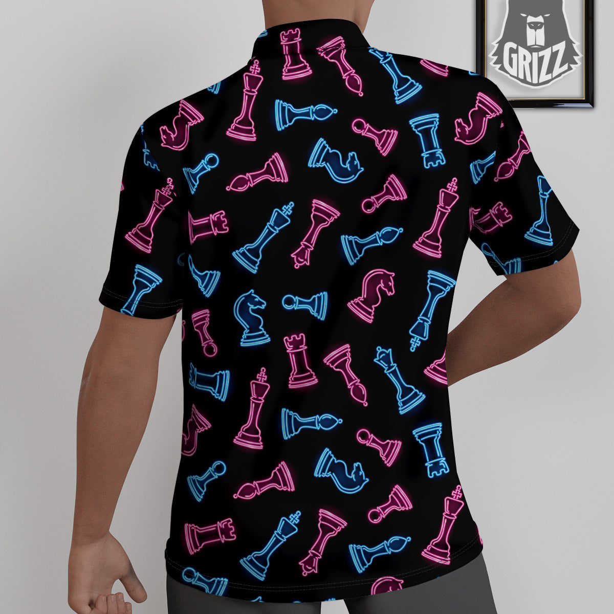 Neon Chess Pieces Print Pattern Untucked Shirts-grizzshop