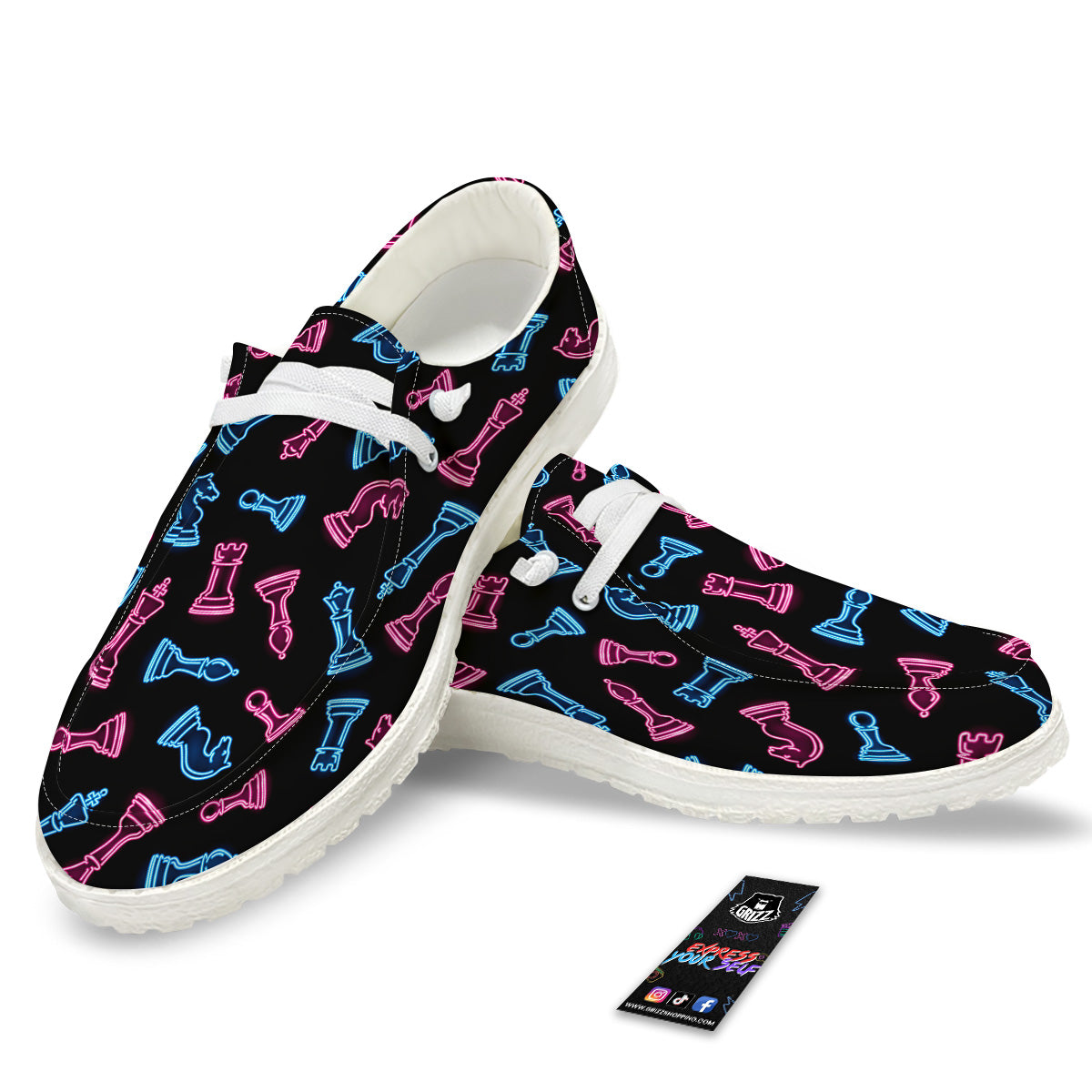 Neon Chess Pieces Print Pattern White Loafers-grizzshop