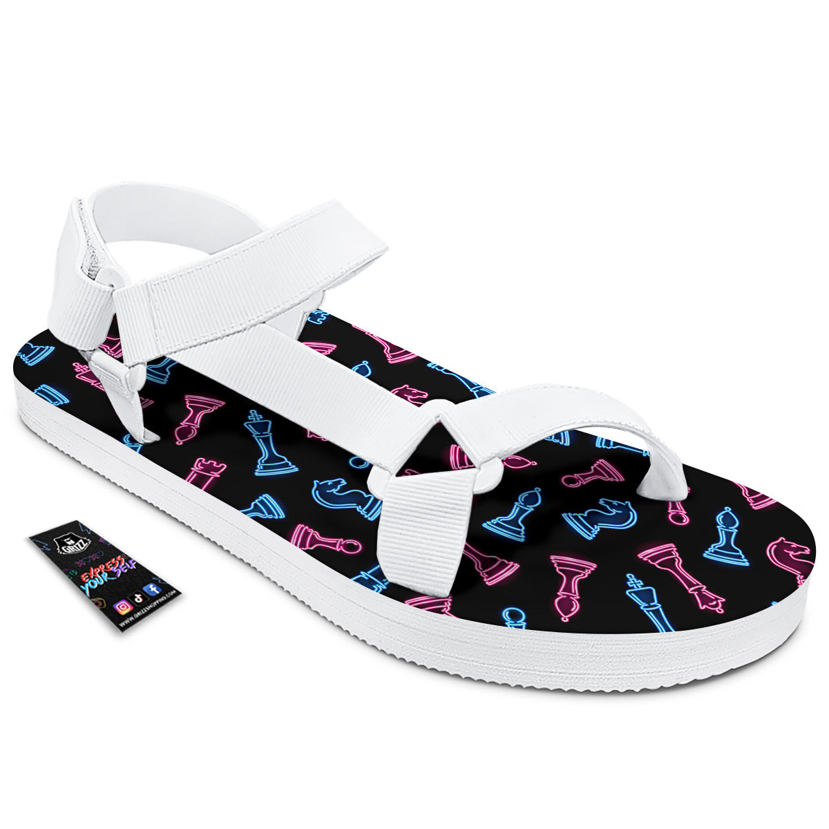 Neon Chess Pieces Print Pattern White Open Toe Sandals-grizzshop