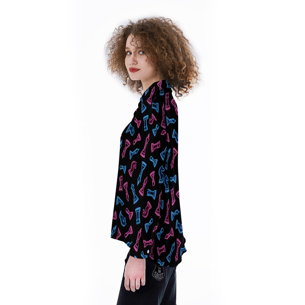 Neon Chess Pieces Print Pattern Women's Long Sleeve Shirts-grizzshop