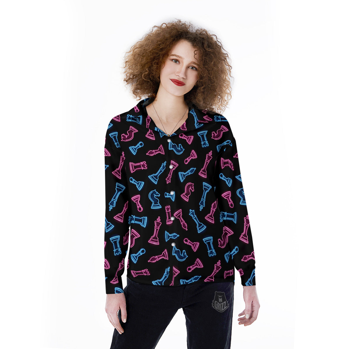 Neon Chess Pieces Print Pattern Women's Long Sleeve Shirts-grizzshop